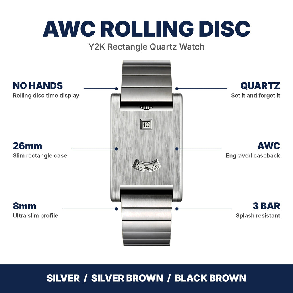 AWC rolling disc watch features: no hands, 26mm case, 8mm slim, quartz, engraved caseback, 3 BAR