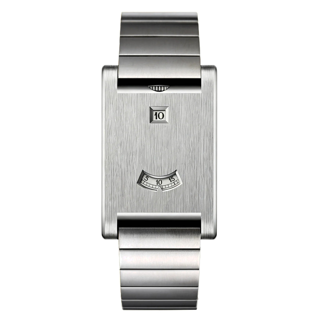 AWC rolling disc rectangle quartz watch, silver case, steel bracelet, white background