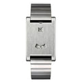 AWC rolling disc rectangle quartz watch, silver case, steel bracelet, white background