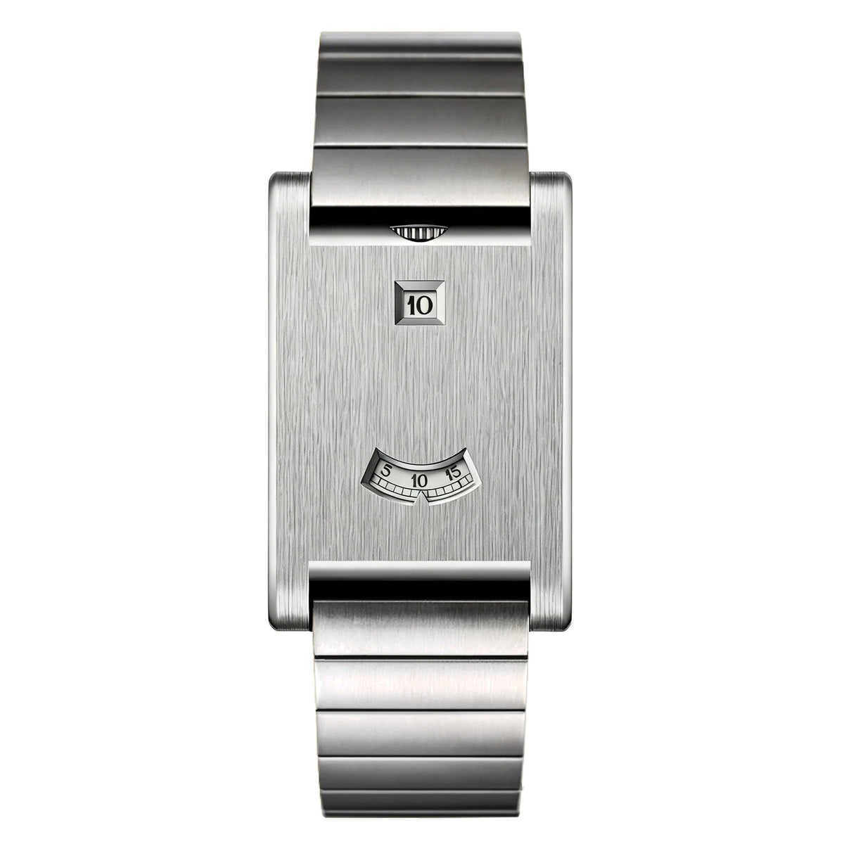 AWC rolling disc rectangle quartz watch, silver case, steel bracelet, white background