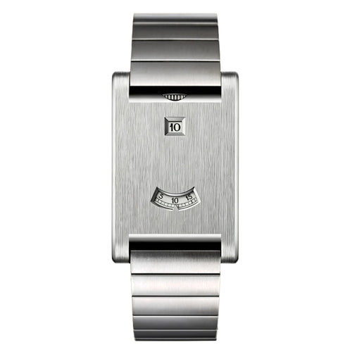 AWC rolling disc rectangle quartz watch, silver case, steel bracelet, white background