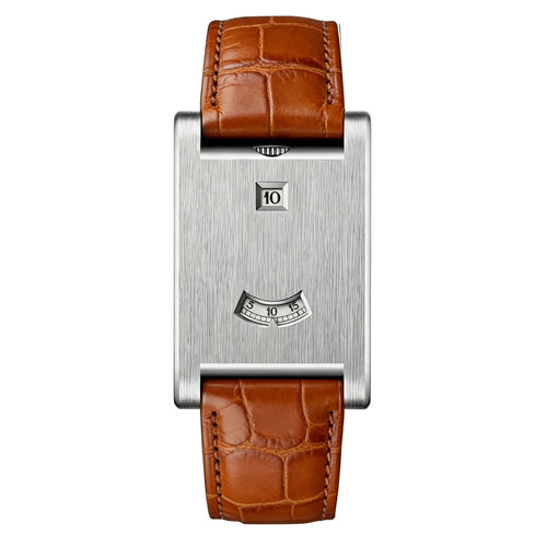AWC rolling disc rectangle quartz watch, silver case, brown leather strap, white background