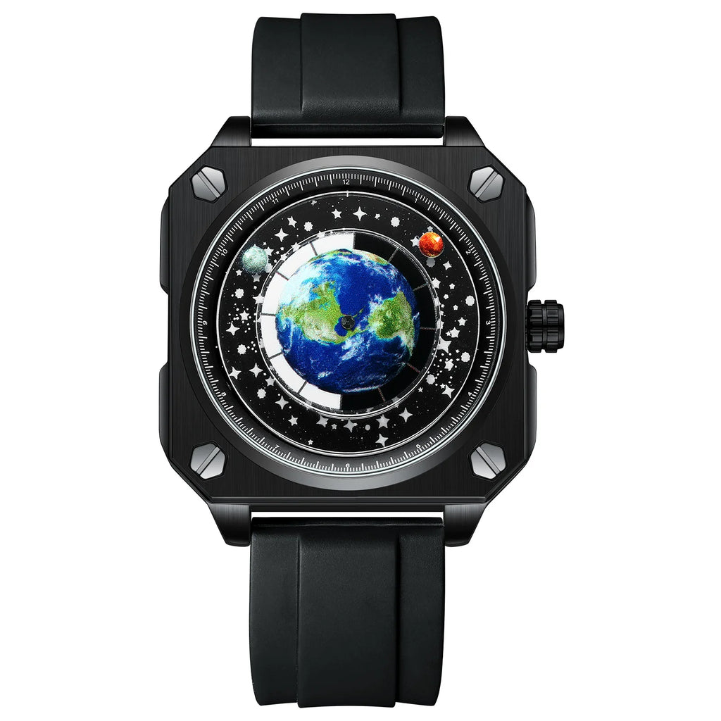BINBOND earth rotating square quartz watch, black case on black rubber