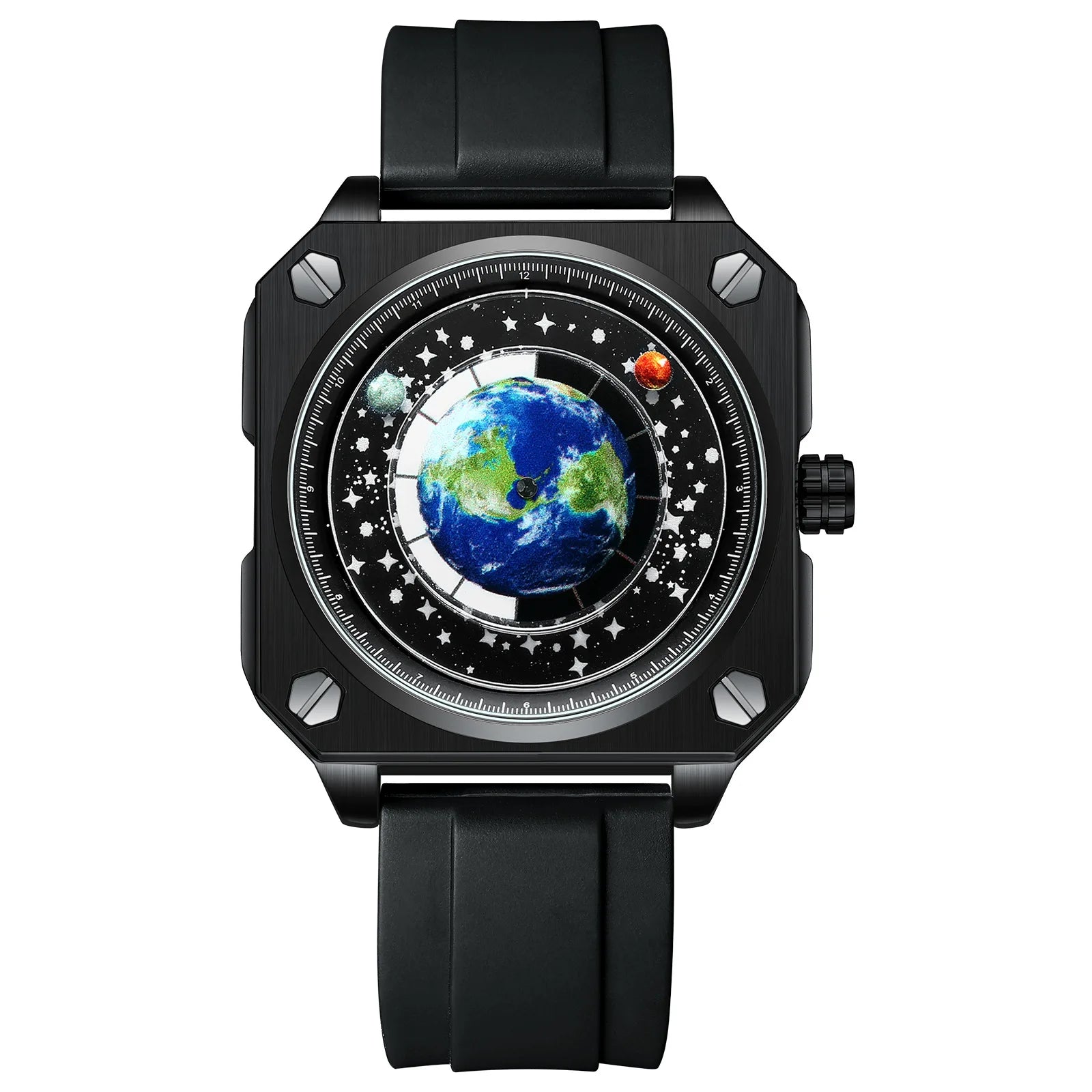 BINBOND earth rotating square quartz watch, black case on black rubber