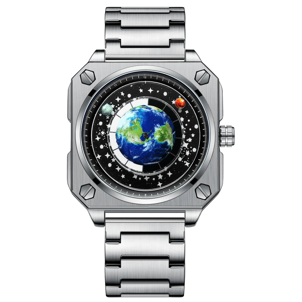 BINBOND earth rotating square quartz watch, silver case on a steel bracelet