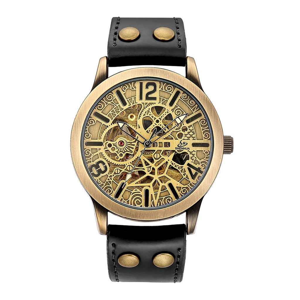 AWC Shenhua skeleton automatic watch with black leather strap