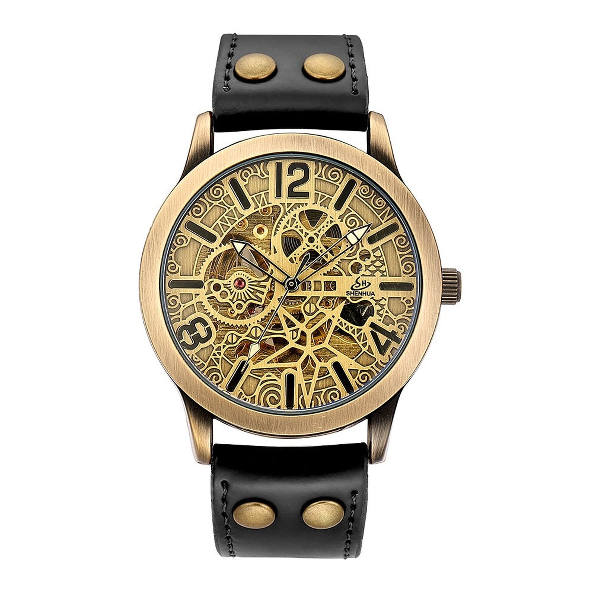 AWC Shenhua skeleton automatic watch with black leather strap