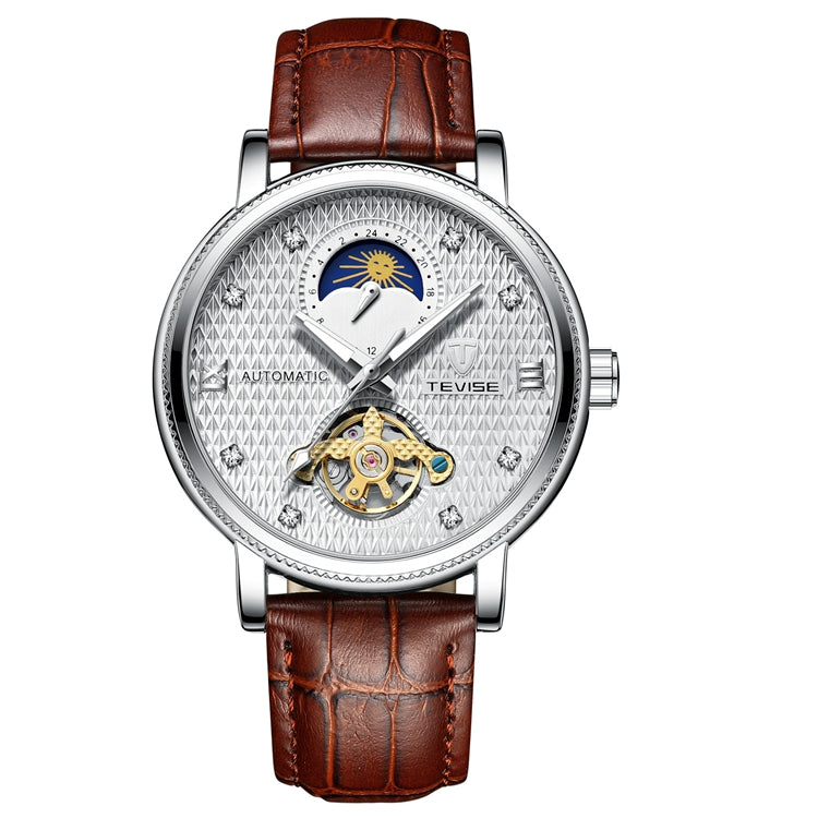 AWC silver-white automatic dress watch with brown leather strap