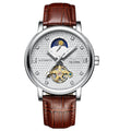 AWC silver-white automatic dress watch with brown leather strap