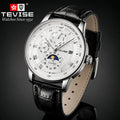 Silver white automatic multi-display watch with polished case and black leather strap