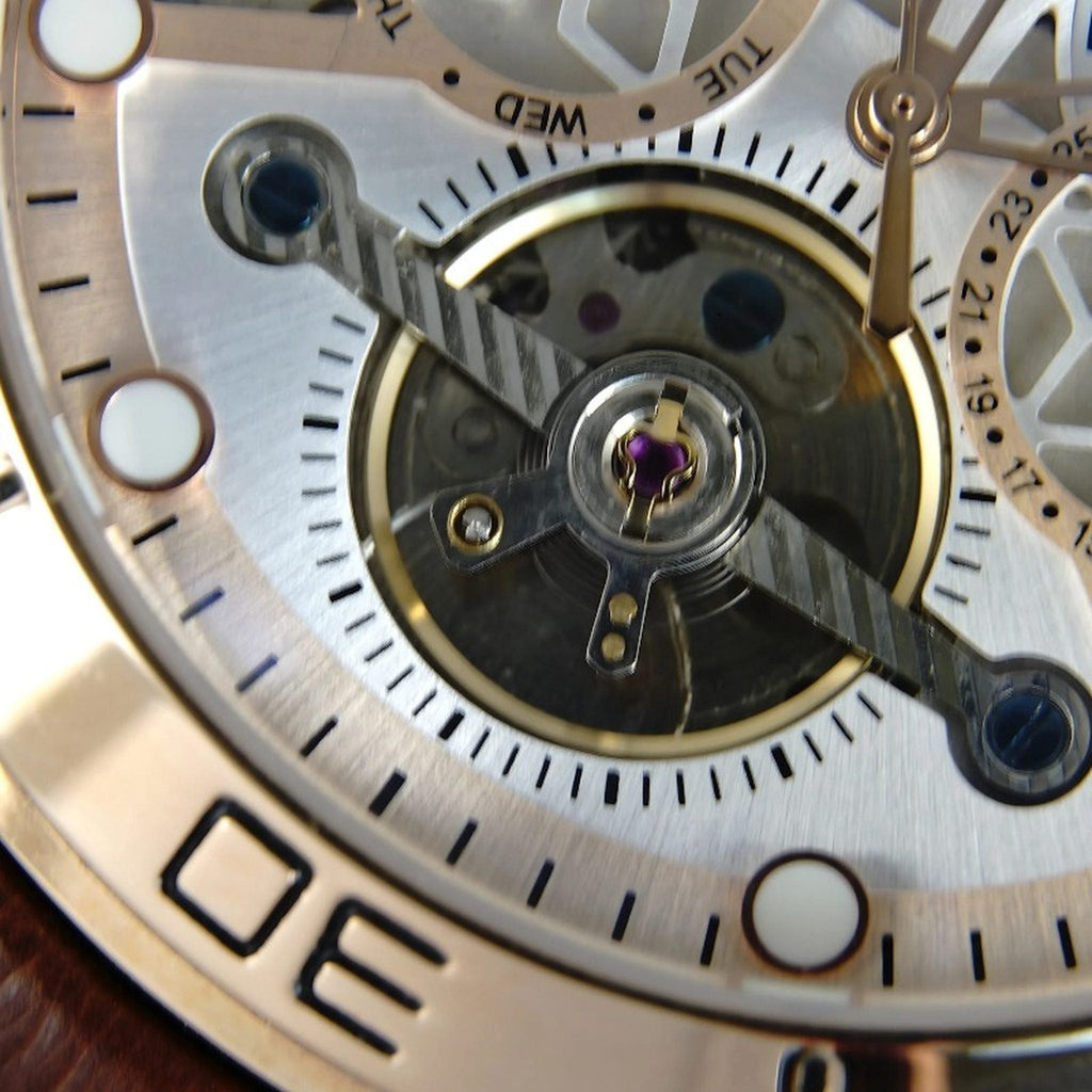 AWC skeleton automatic watch open-work dial detail