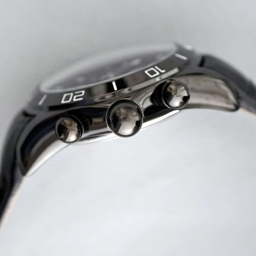 AWC skeleton automatic watch side view with silver case and crown
