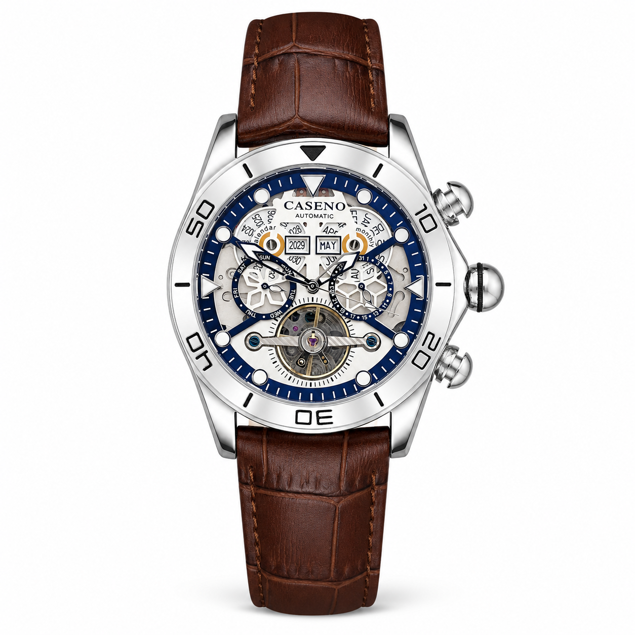 CASENO Skeleton Automatic Watch on pure white background
