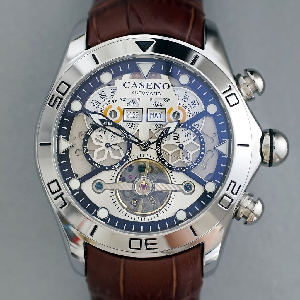 AWC skeleton automatic watch front view with white dial and brown leather strap