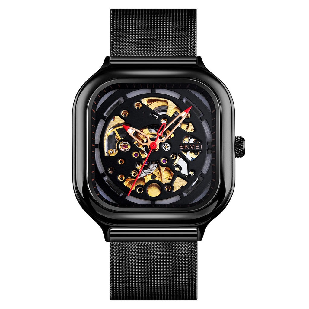 SKMEI 9184 black skeleton automatic watch with black mesh bracelet