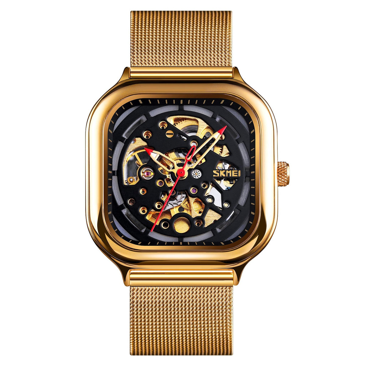 SKMEI 9184 Gold Case Black Face Gold Mesh automatic watch