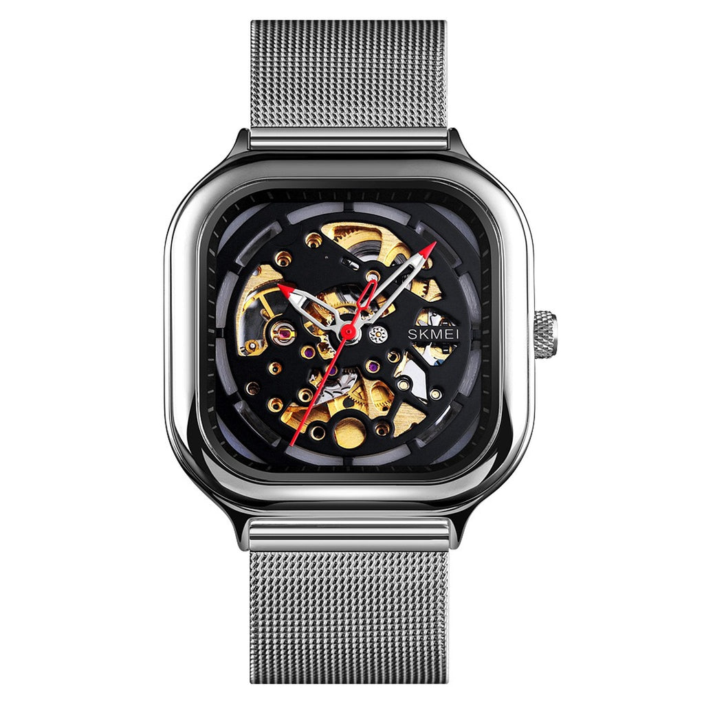 SKMEI 9184 silver skeleton automatic watch with silver mesh bracelet