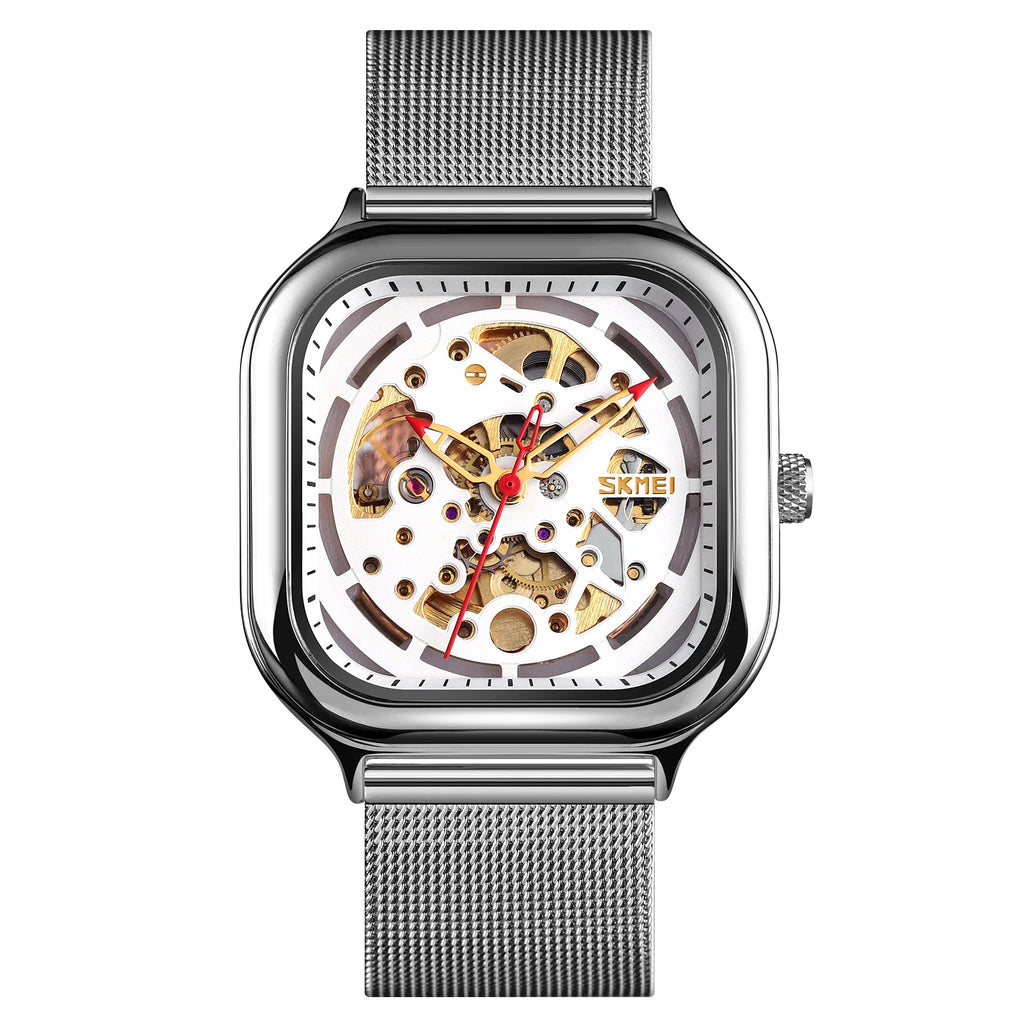 SKMEI 9184 silver-case skeleton automatic watch with white face and silver mesh bracelet