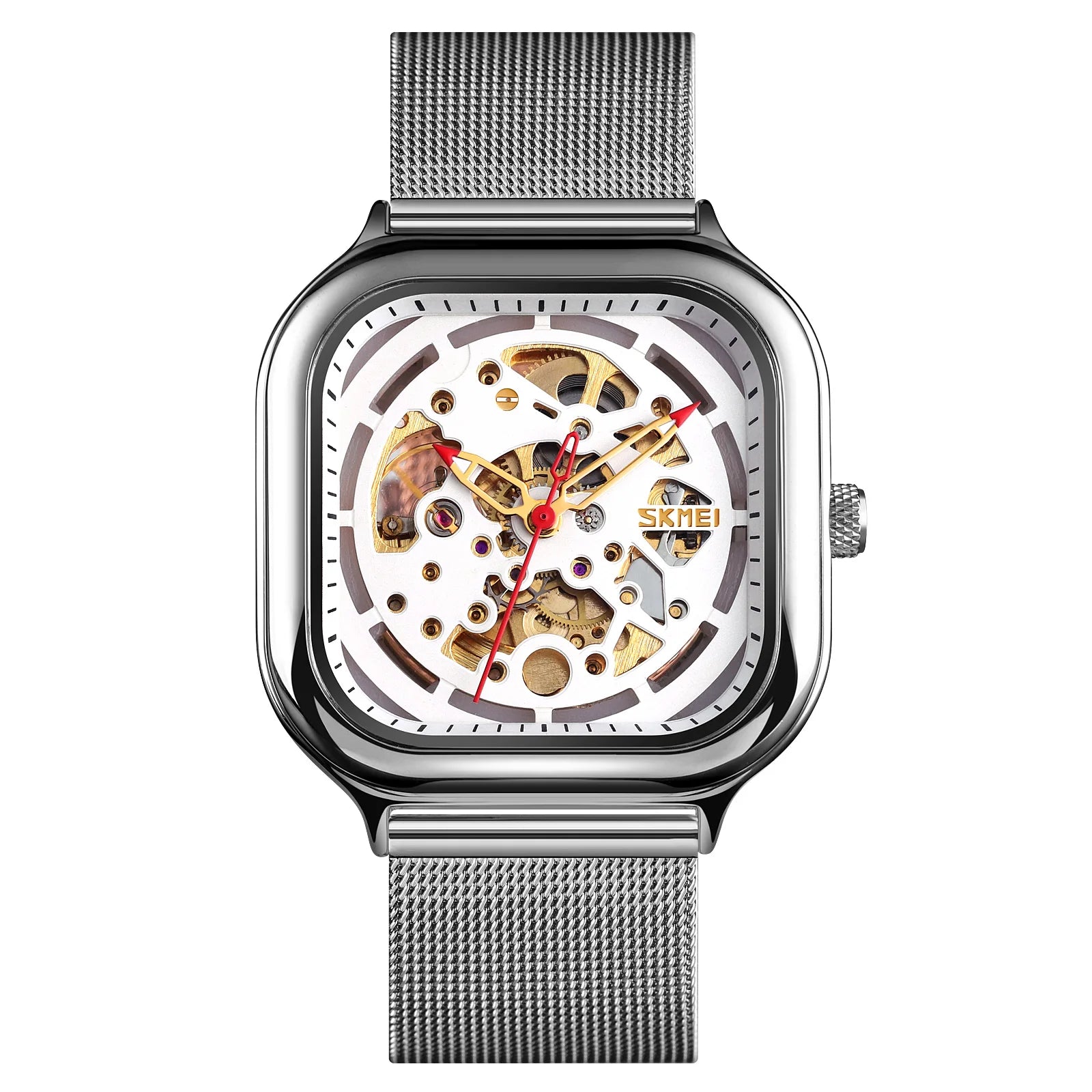 SKMEI 9184 silver-case skeleton automatic watch with white face and silver mesh bracelet