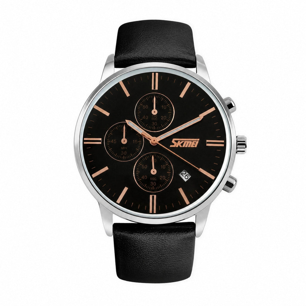 SKMEI 9103 chronograph watch with black dial, silver case, rose gold hands, and black leather strap