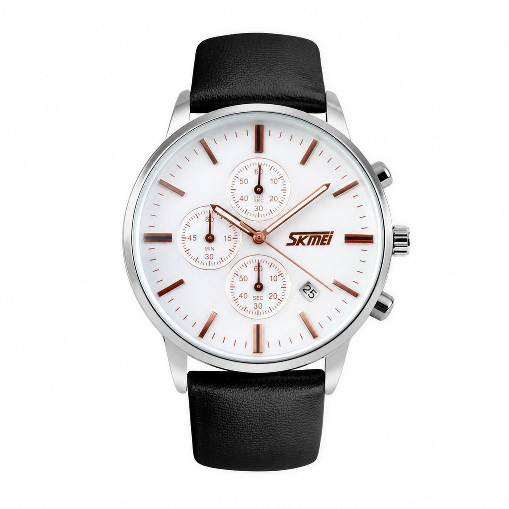 SKMEI 9103 chronograph watch with white dial, silver case, rose gold hands, and black leather strap