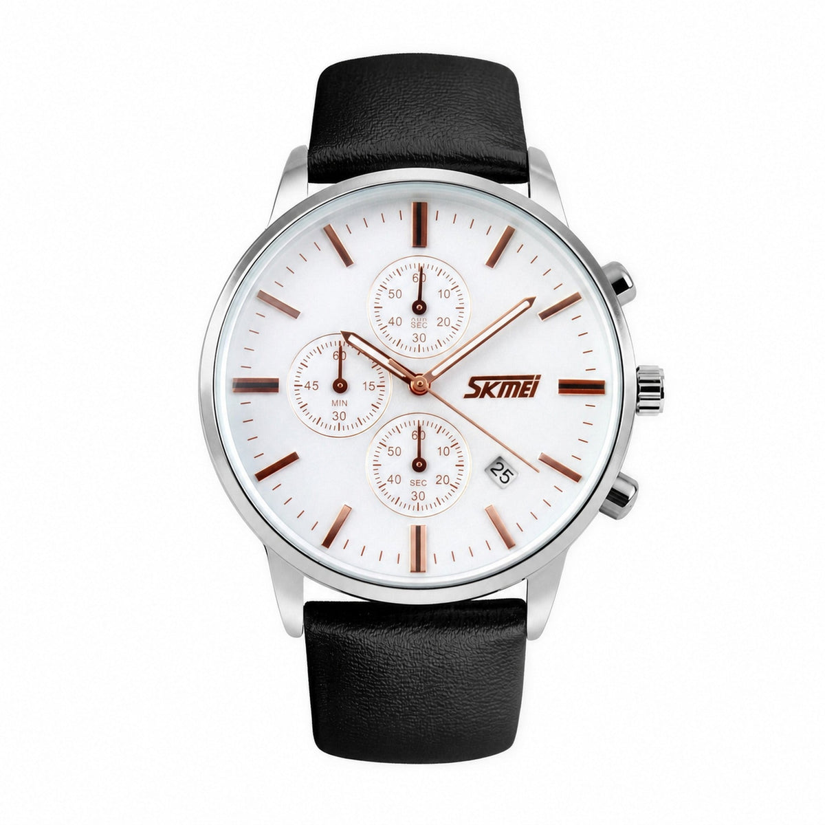 SKMEI 9103 chronograph watch with white dial, silver case, rose gold hands, and black leather strap