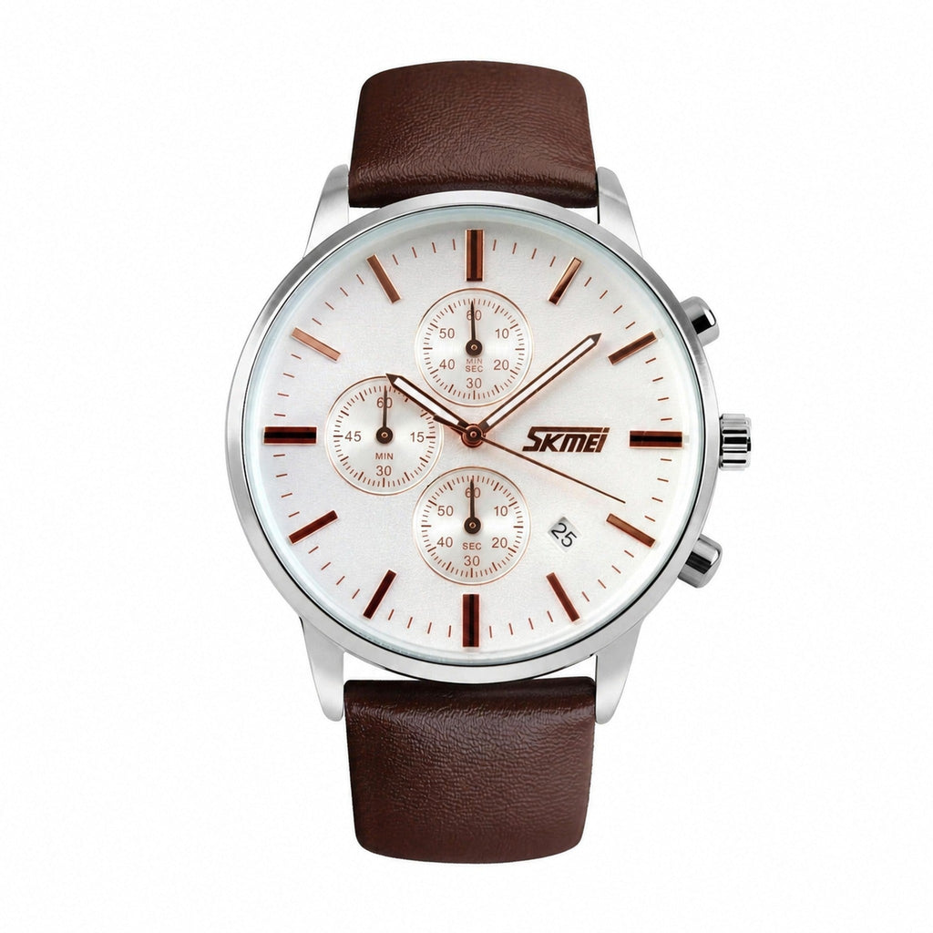 SKMEI 9103 chronograph watch with white dial, silver case, rose gold hands, and brown leather strap