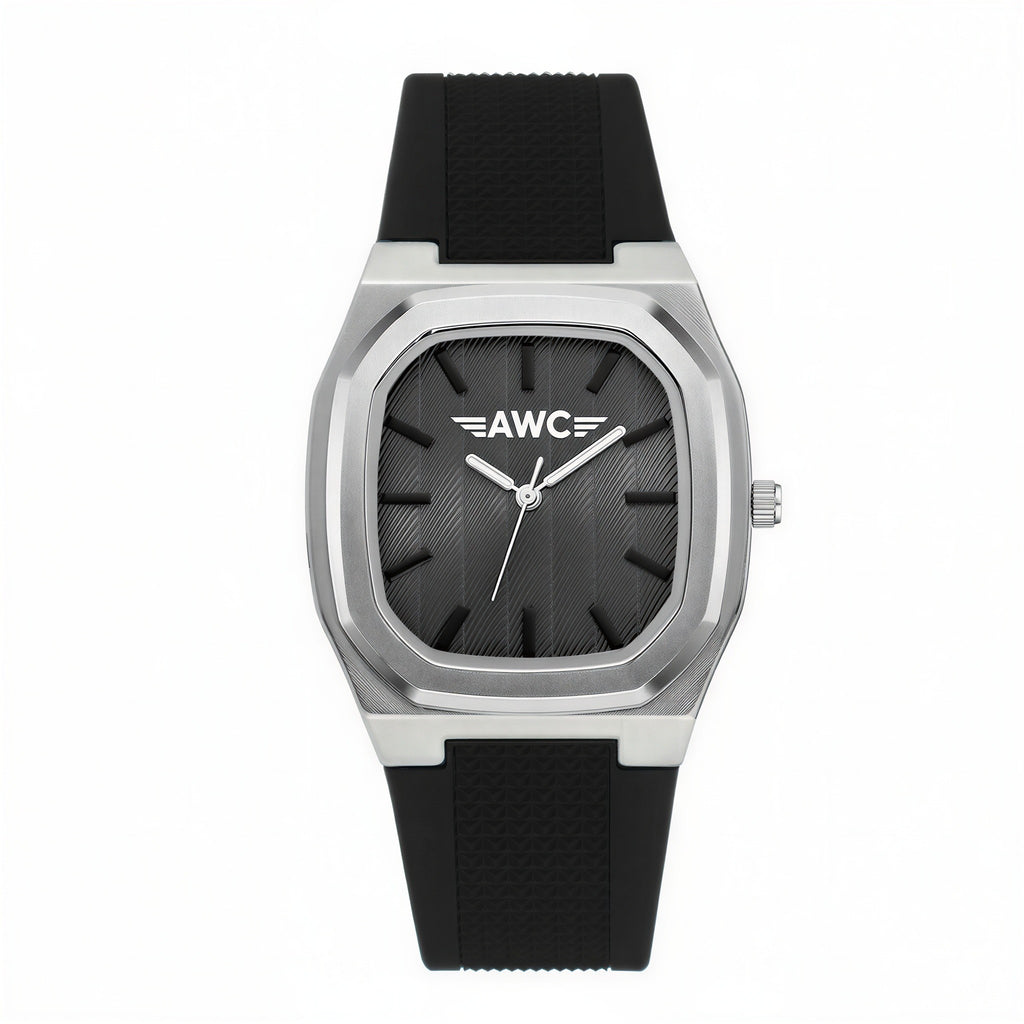 AWC square minimalist quartz watch, silver case, black dial, black silicone strap, white background