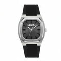 AWC square minimalist quartz watch, silver case, black dial, black silicone strap, white background