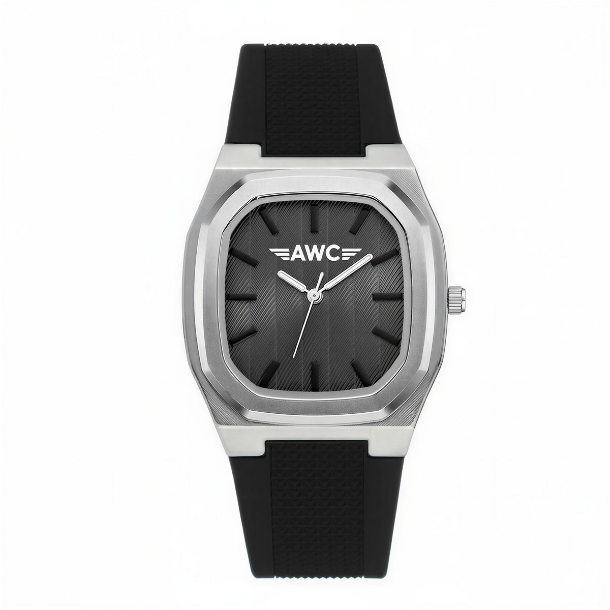 AWC square minimalist quartz watch, silver case, black dial, black silicone strap, white background