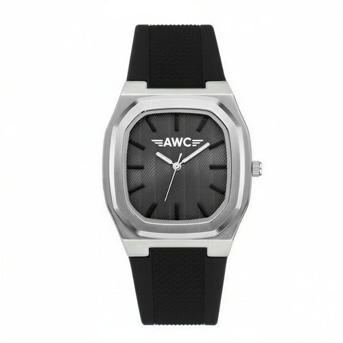 AWC square minimalist quartz watch, silver case, black dial, black silicone strap, white background