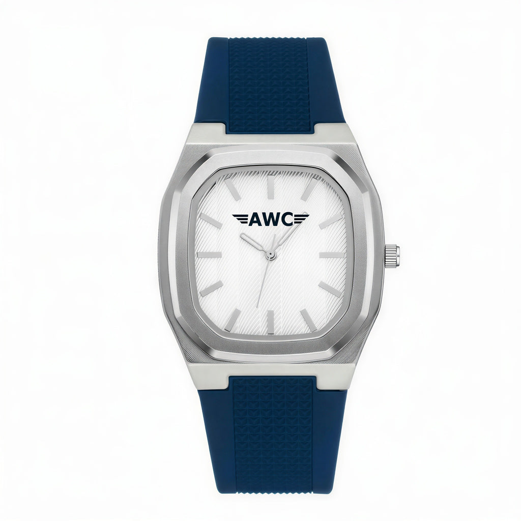 AWC square minimalist quartz watch, silver case, white dial, blue silicone strap, white background