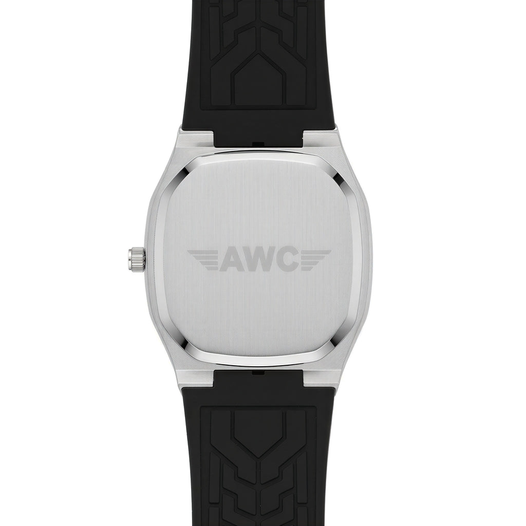 AWC square watch caseback with engraved AWC wings logo