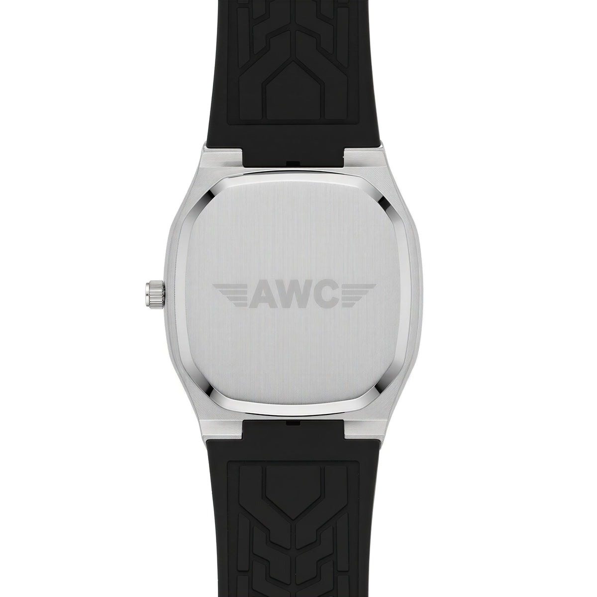 AWC square watch caseback with engraved AWC wings logo