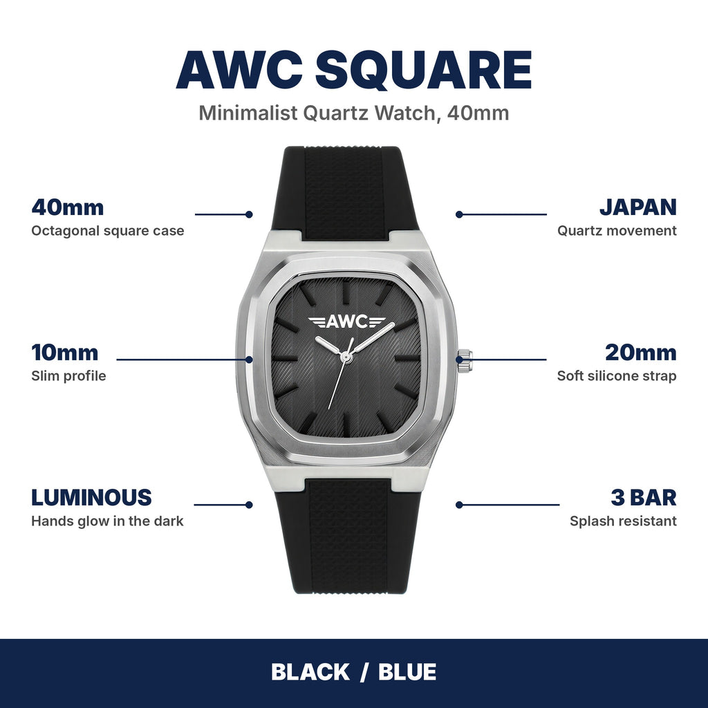 AWC square watch features: 40mm case, 10mm slim, luminous hands, Japan quartz, 20mm silicone strap, 3 BAR