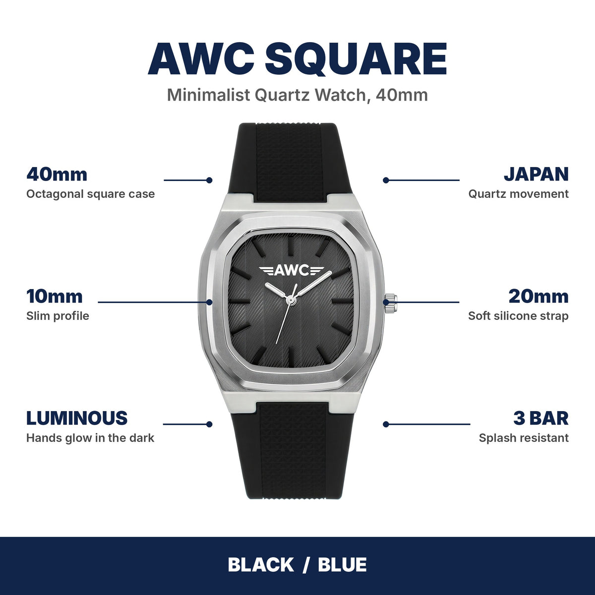 AWC square watch features: 40mm case, 10mm slim, luminous hands, Japan quartz, 20mm silicone strap, 3 BAR