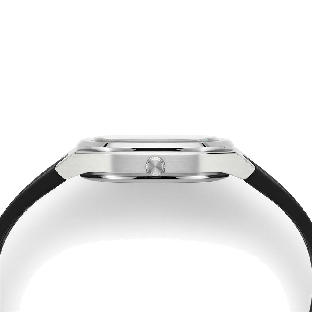 AWC square watch side profile showing the slim 10mm case and crown