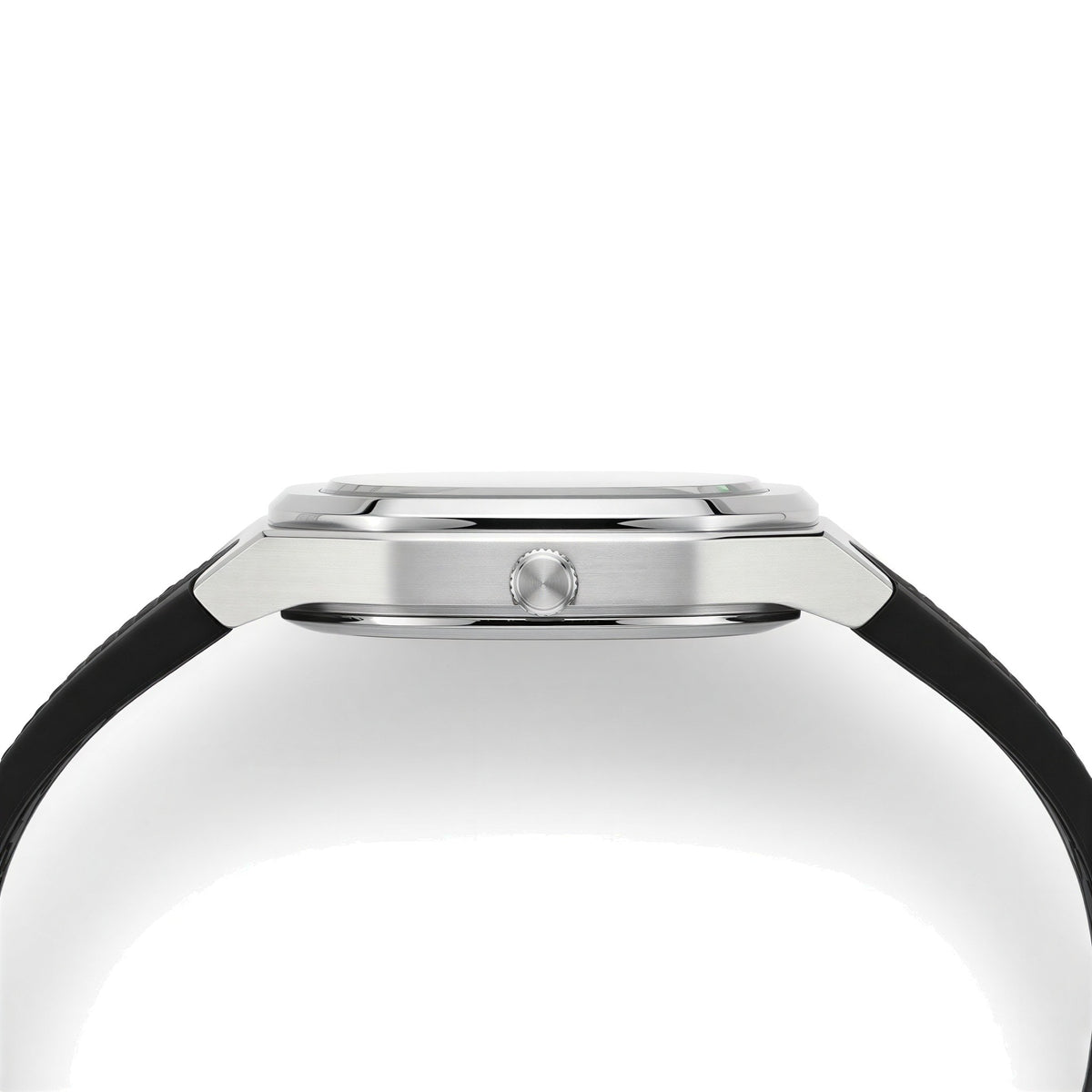 AWC square watch side profile showing the slim 10mm case and crown