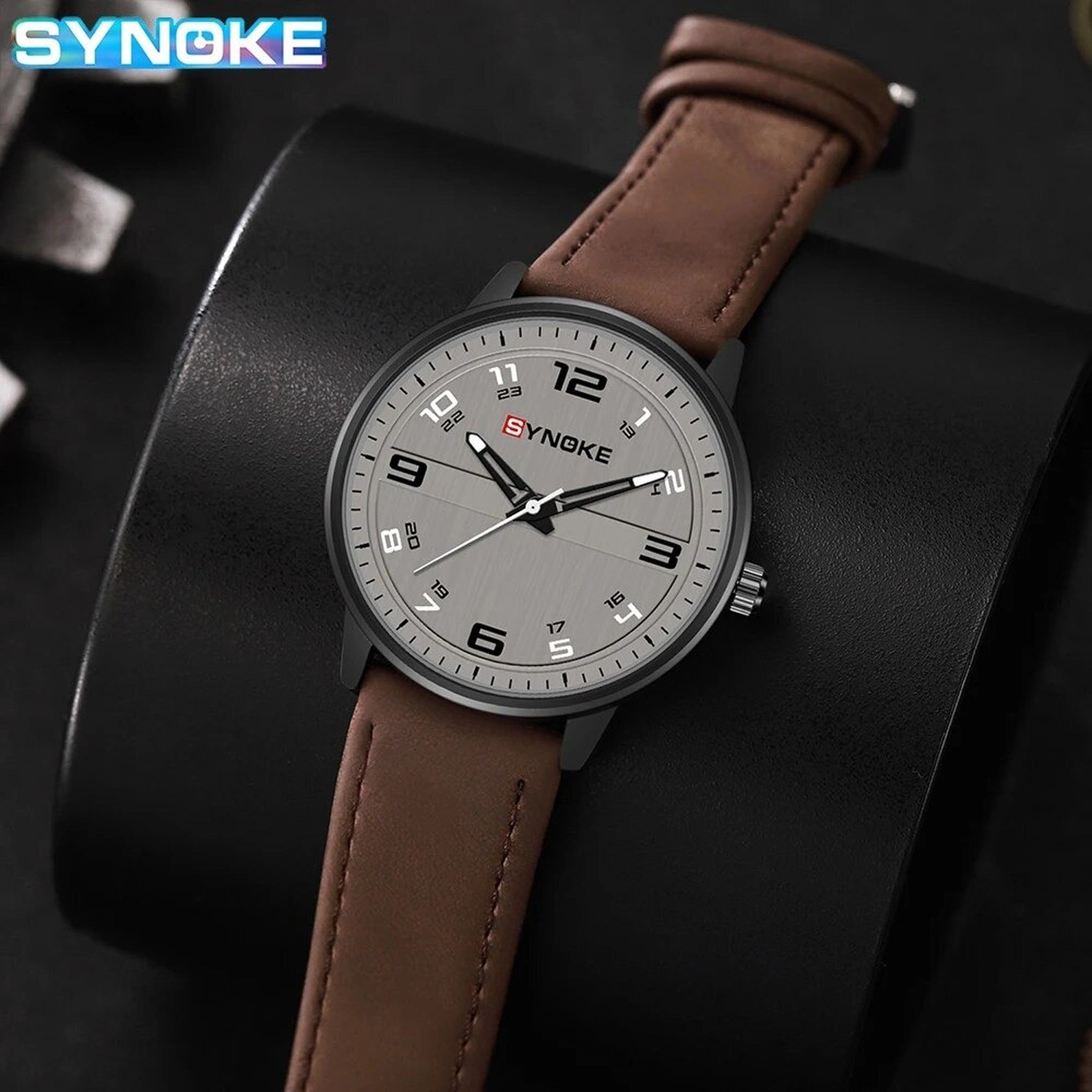 AWC Brown retro leather quartz watch lifestyle view