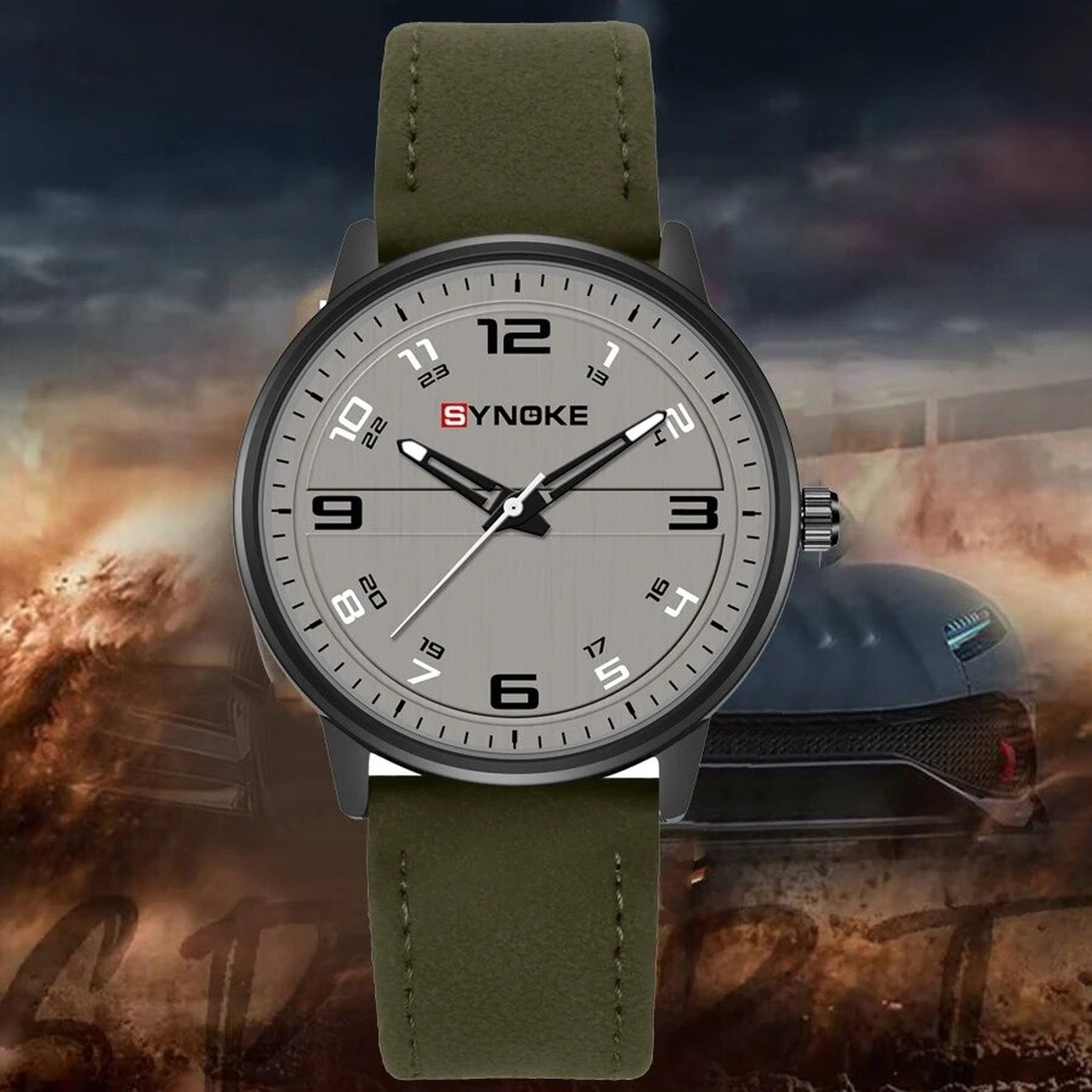 AWC Green retro leather quartz watch lifestyle view