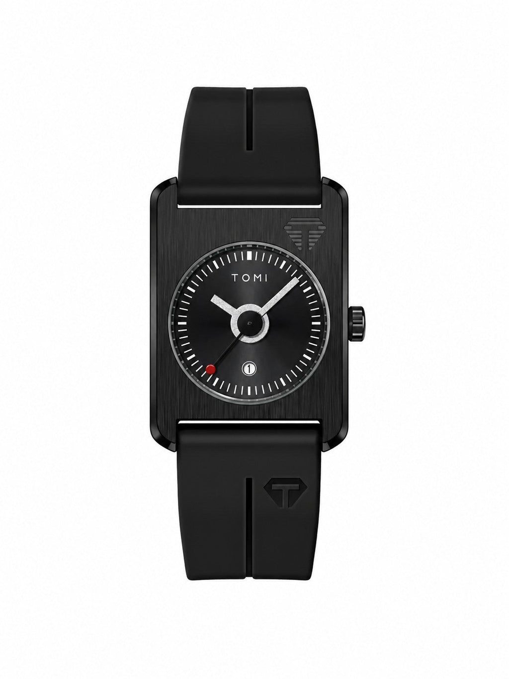 TOMI T022 all-black TV-dial quartz watch on white background