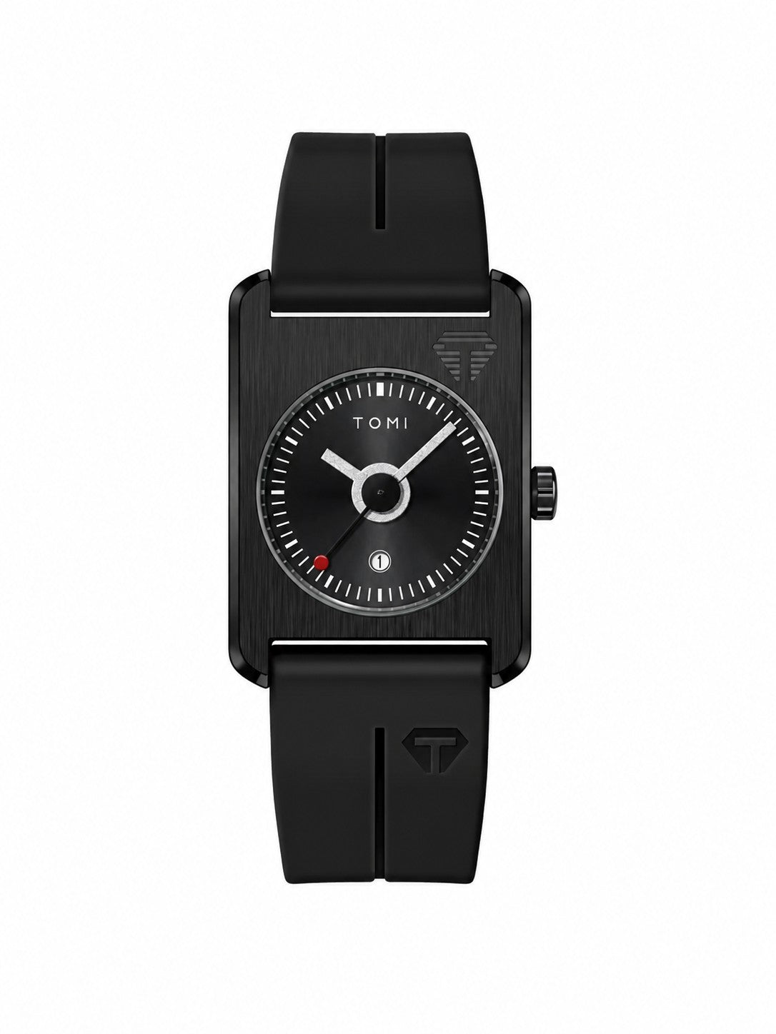 TOMI T022 all-black TV-dial quartz watch on white background