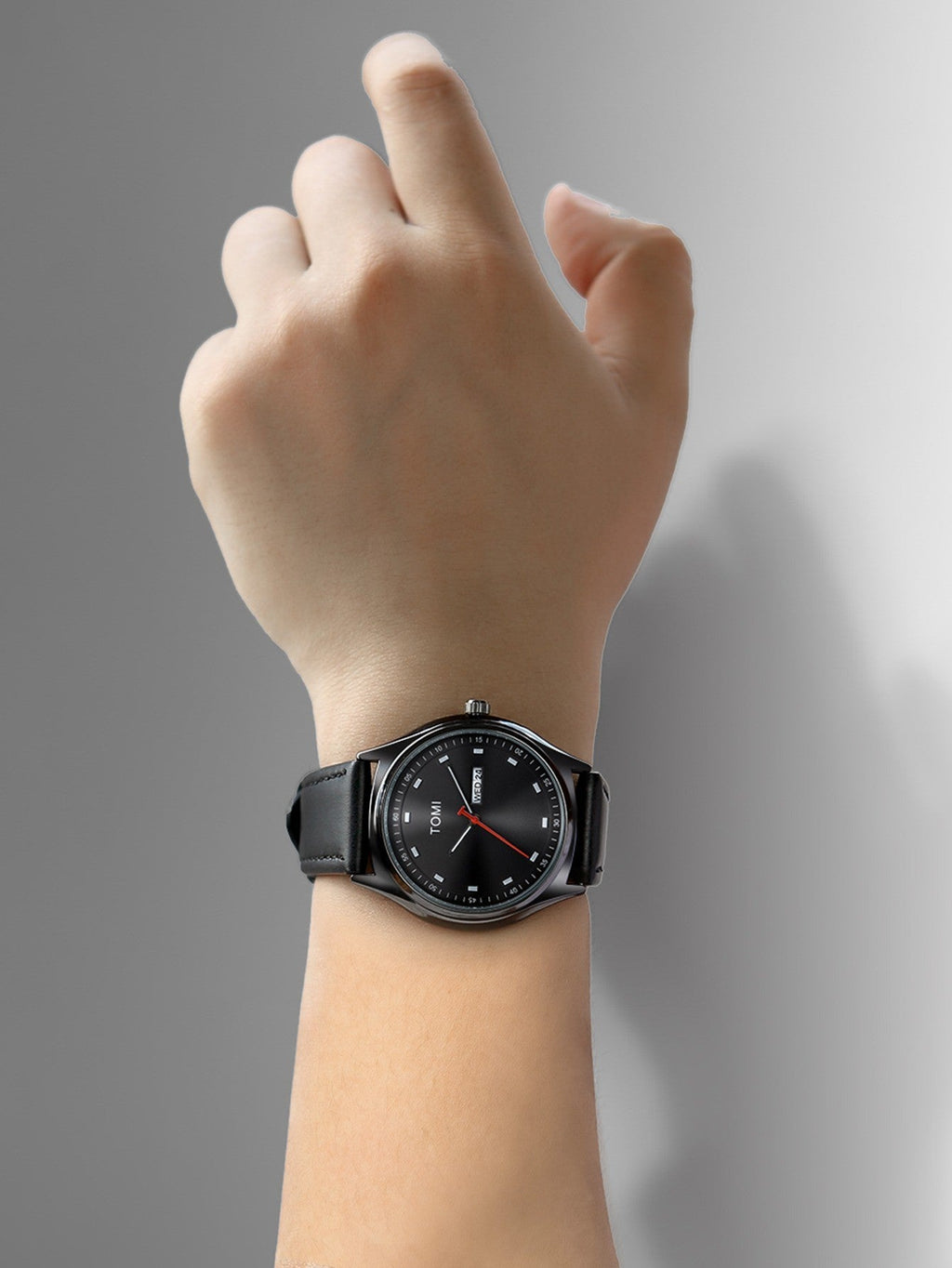 TOMI Black minimalist calendar watch authentic supplier wrist view