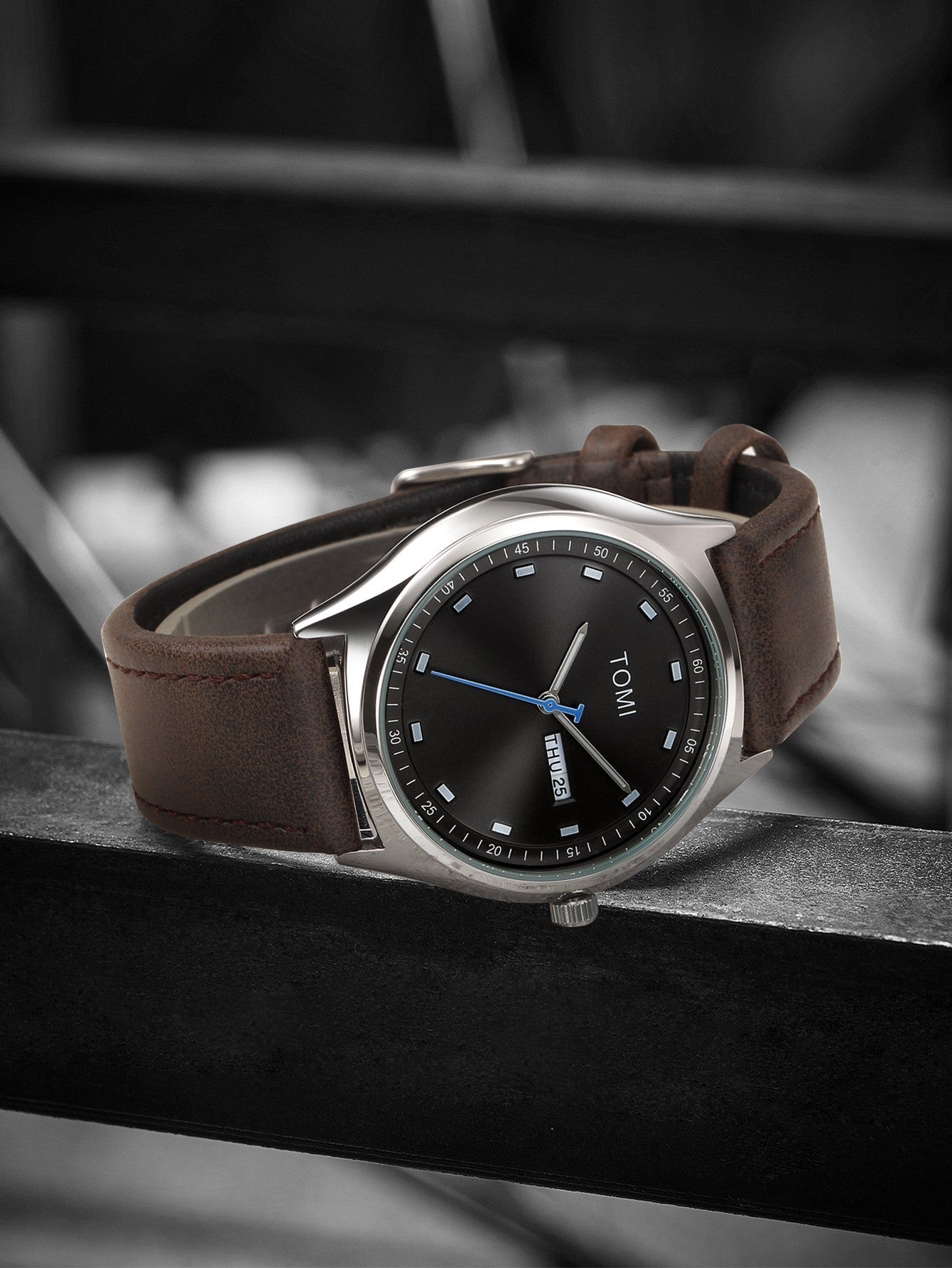 TOMI Brown Silver minimalist calendar watch supplier flat lay