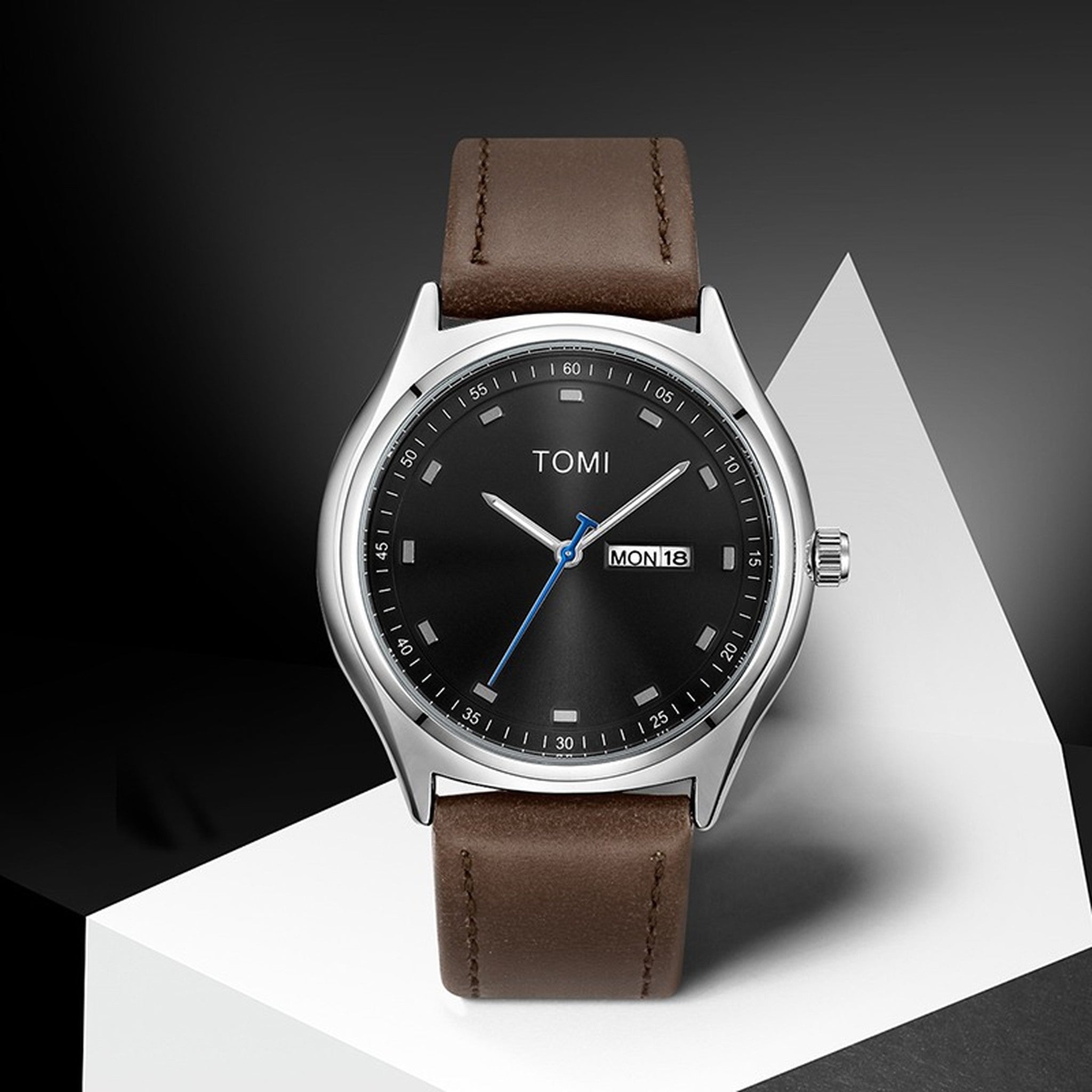 TOMI Brown Silver minimalist calendar watch supplier display view