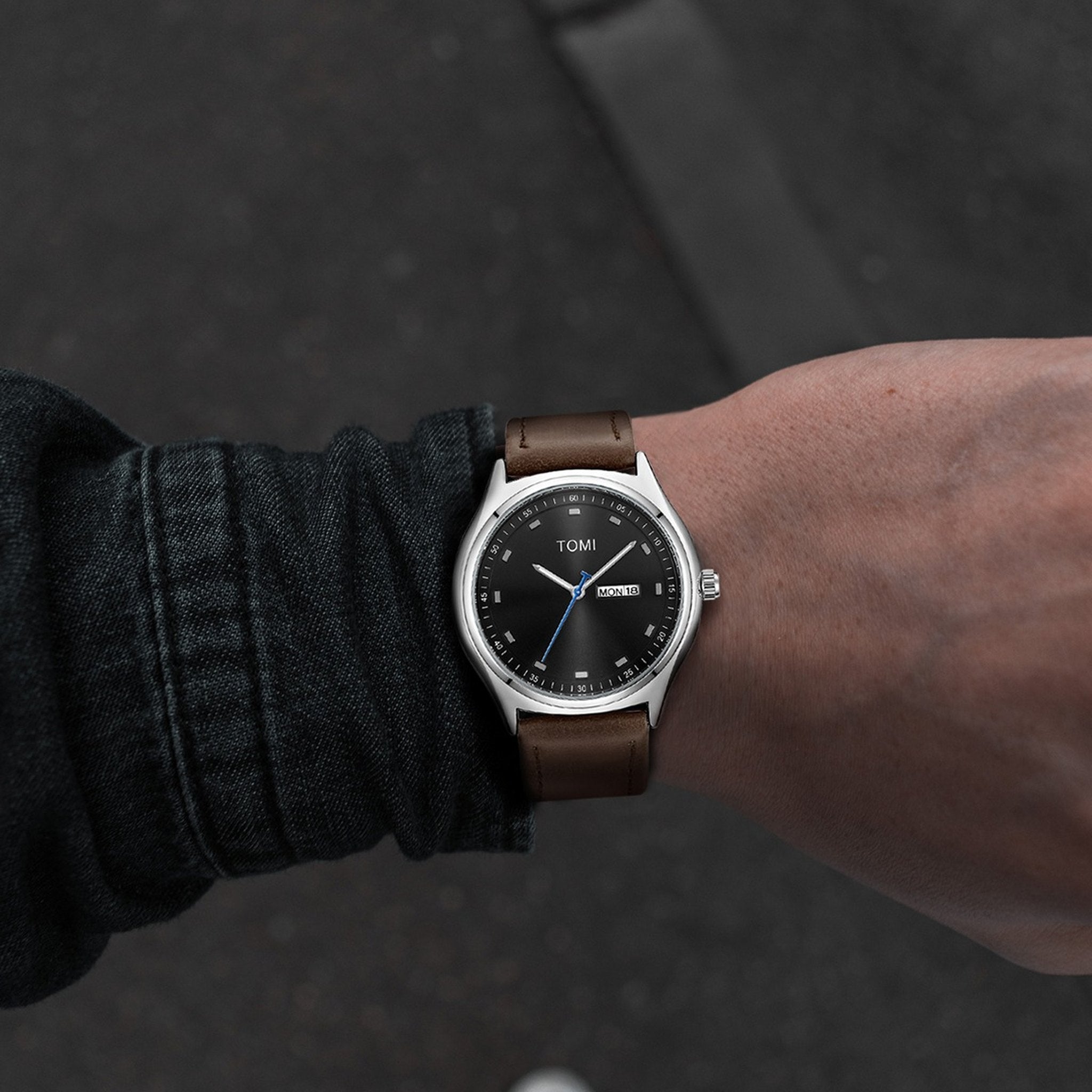 TOMI Brown Silver minimalist calendar watch supplier wrist view