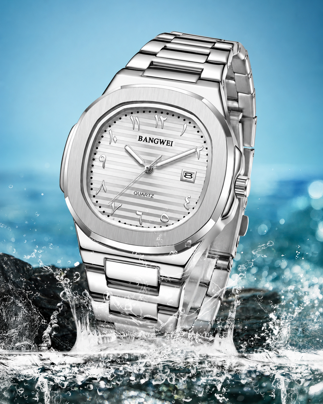 BANGWEI 8821 Silver Light Dial watch with water splash