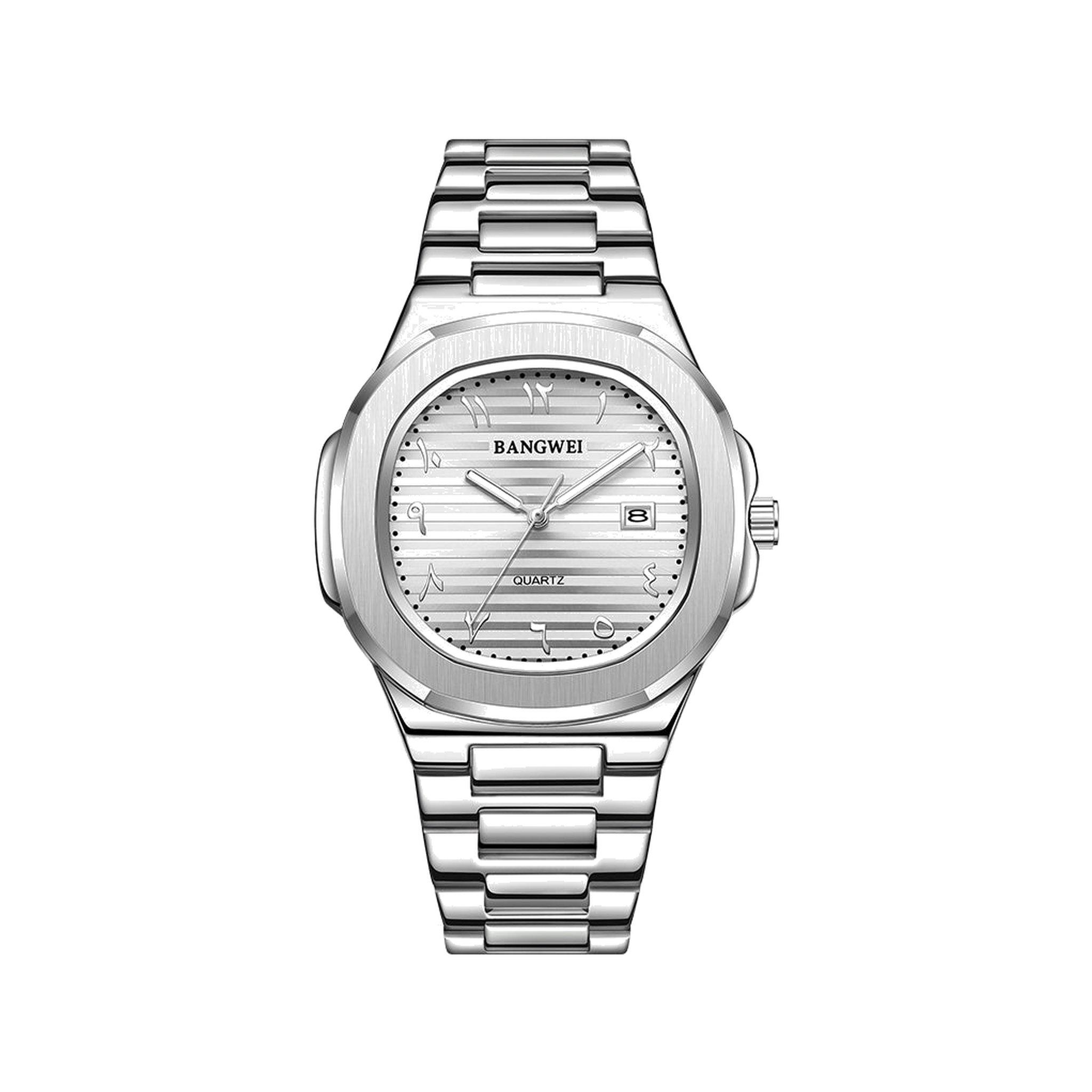 BANGWEI 8821 Silver Light Dial quartz watch on white background