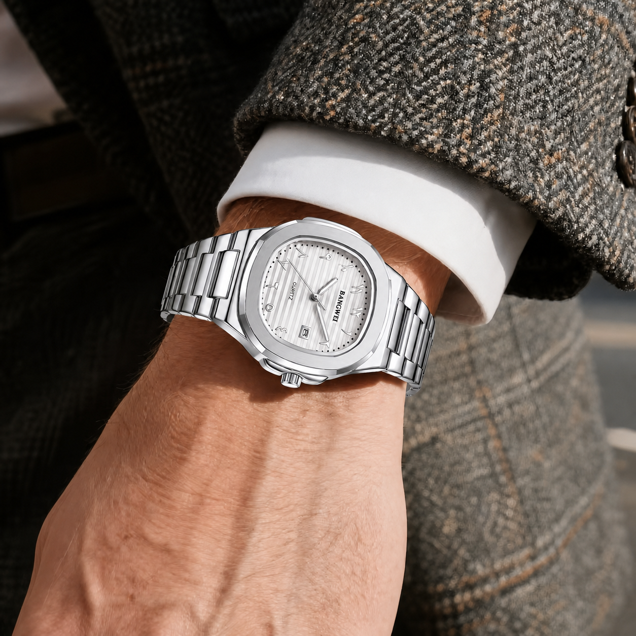 BANGWEI 8821 Silver Light Dial watch worn on wrist