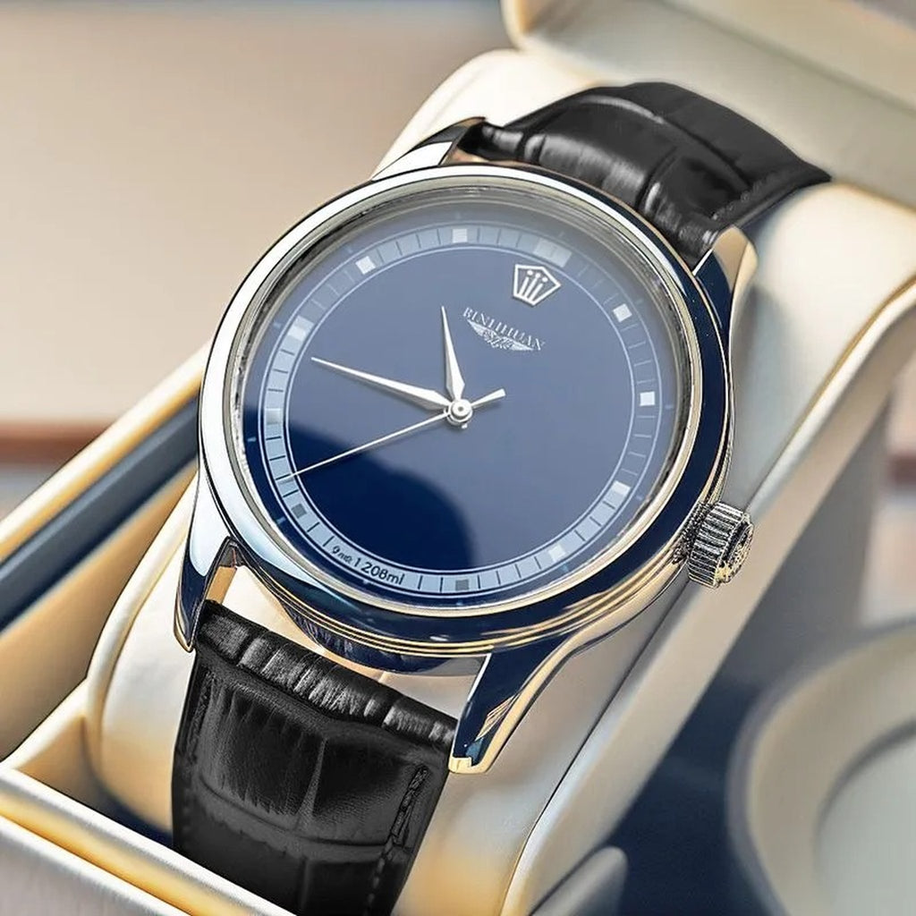 BINIHUAN blue-dial quartz watch with black leather strap
